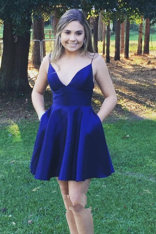 Deep V Neck Spaghetti Straps A Line Homecoming Dresses Royal Blue Satin Journey Pleated Sexy Short
