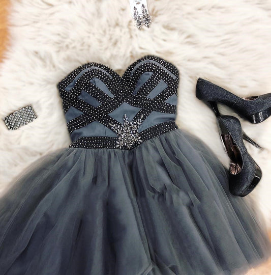 Dark Grey Strapless Valerie Homecoming Dresses A Line Sweetheart Beading Tulle Pleated Short