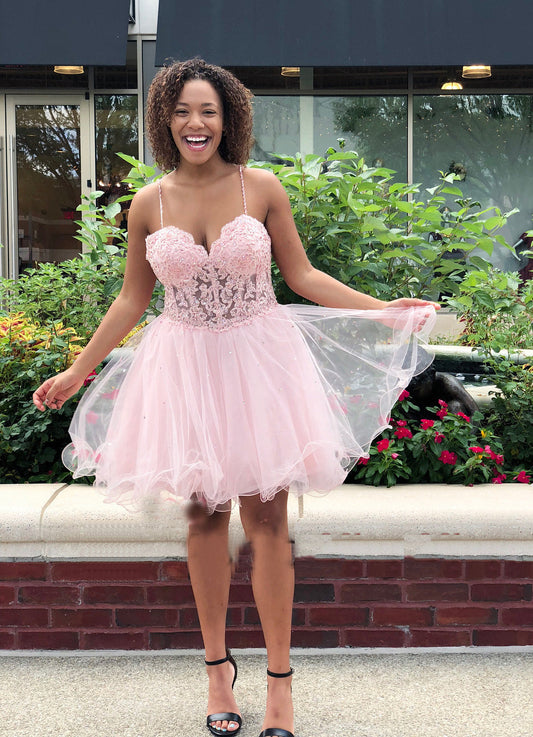 Spaghetti Straps Lace Homecoming Dresses A Line Pink Ashlyn Sweetheart Organza Pleated Sexy