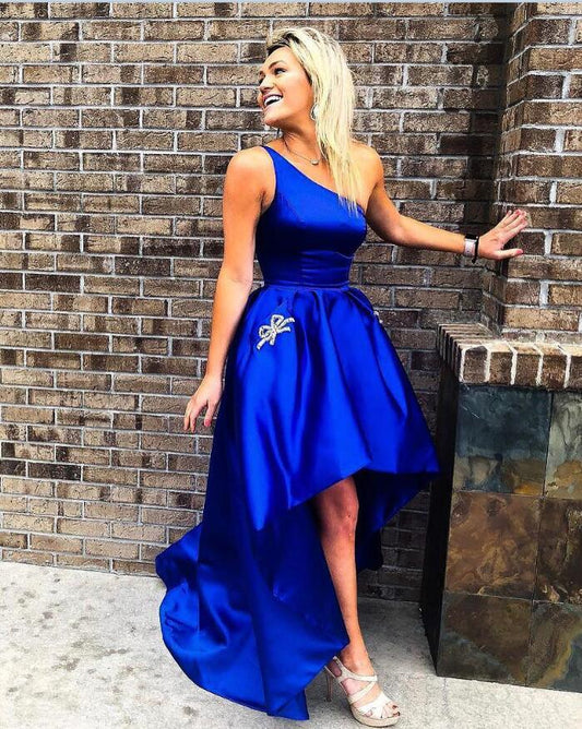 One Satin Royal Blue Homecoming Dresses Jocelynn Shoulder High Low Pleated Sleeveless Ball Gown