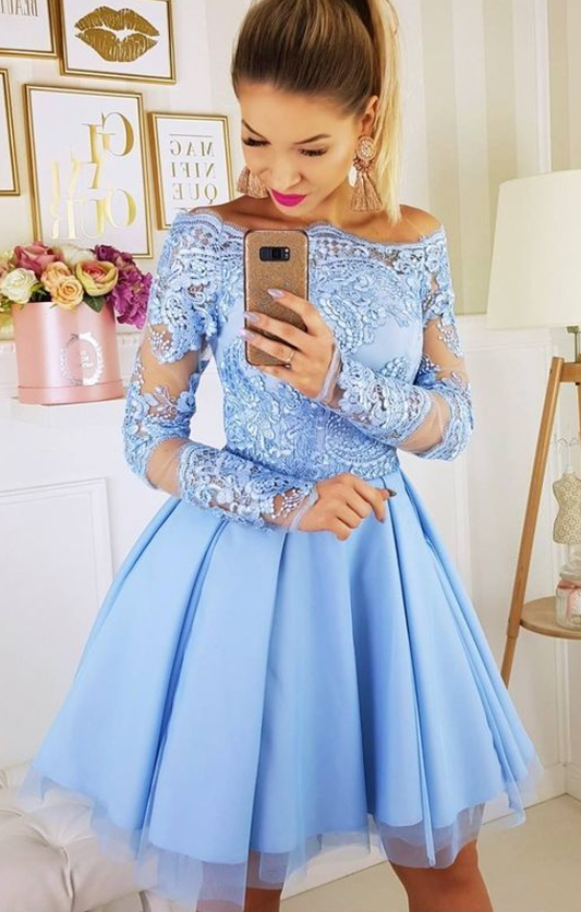 Long Sleeve Off The Shoulder Appliques Pleated Tulle Homecoming Dresses Lace A Line Macey Short