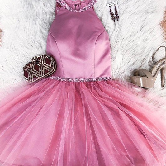 Halter Tulle Sleeveless Short Mayra Homecoming Dresses Pink A Line Pleated Simple Beading