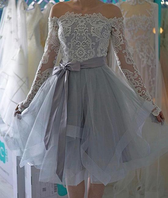 Off The Shoulder Long Lace Kiera A Line Homecoming Dresses Sleeve Organza Lavender Bowknot