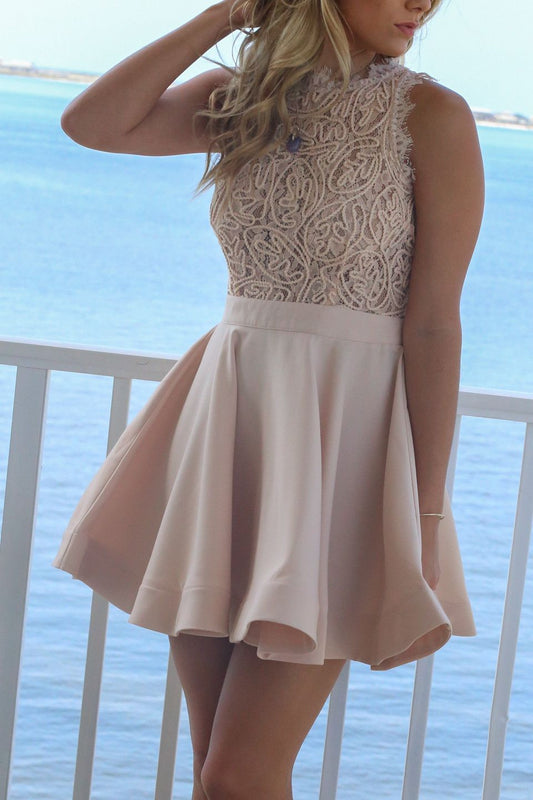 Sleeveless Short Halter A Line Payten Ivory Lace Satin Homecoming Dresses Pleated