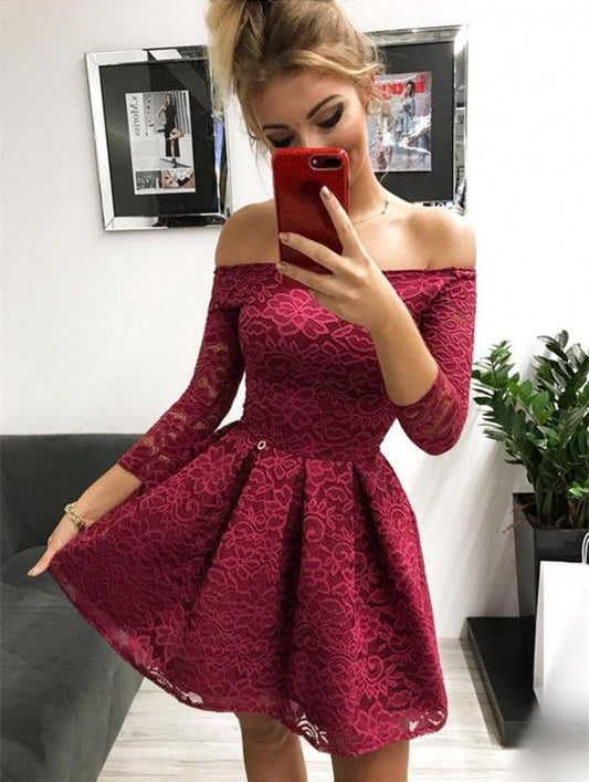 3/4 Sleeve Off The Shoulder Pauline Lace A Line Homecoming Dresses Pleated Short Burgundy Flowers