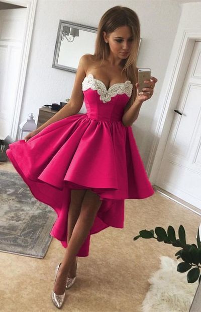 High Low Fuchsia Strapless Sweetheart Winnie A Line Homecoming Dresses Appliques Pleated