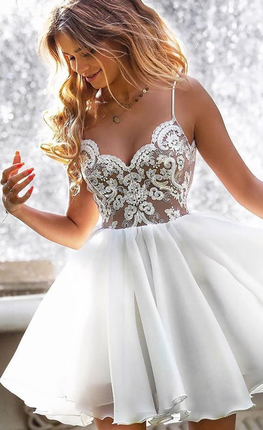 Spaghetti Straps White Lace Chiffon Homecoming Dresses A Line Keely V Neck Appliques Short