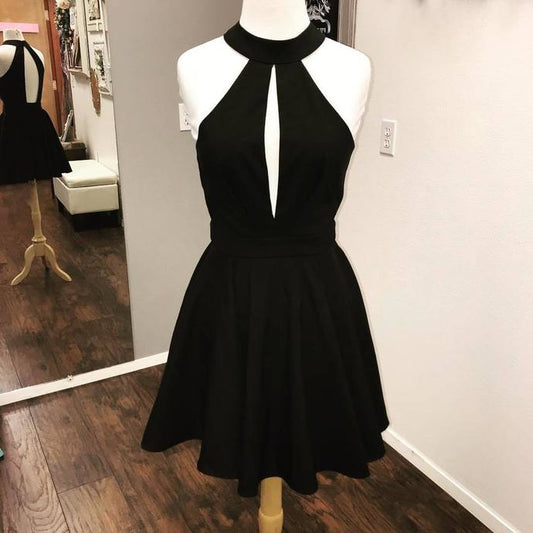 Halter Black Sleeveless Cut Homecoming Dresses A Line Satin Adrienne Out Pleated Backless Short