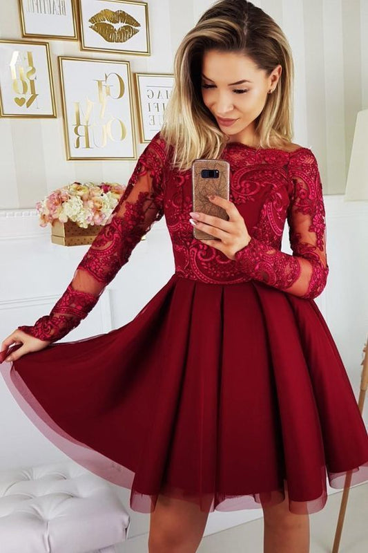 Burgundy Long Sleeve Bateau Appliques A Line Homecoming Dresses Madilynn Lace Tulle Pleated