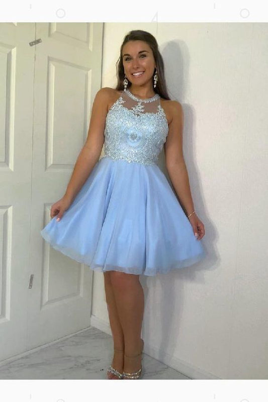 Halter Pleated Tulle Appliques A Line Hailie Homecoming Dresses Knee Length Sleeveless