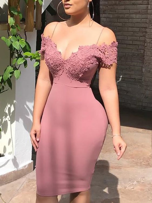 Dusty Rose Sheath Spaghetti Straps Arielle Homecoming Dresses Satin V Neck Off The Shoulder Appliques