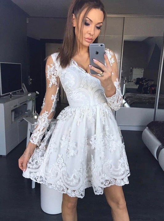 Long Sleeve White Deep V Homecoming Dresses Lace Summer A Line Neck Pleated Sheer Short