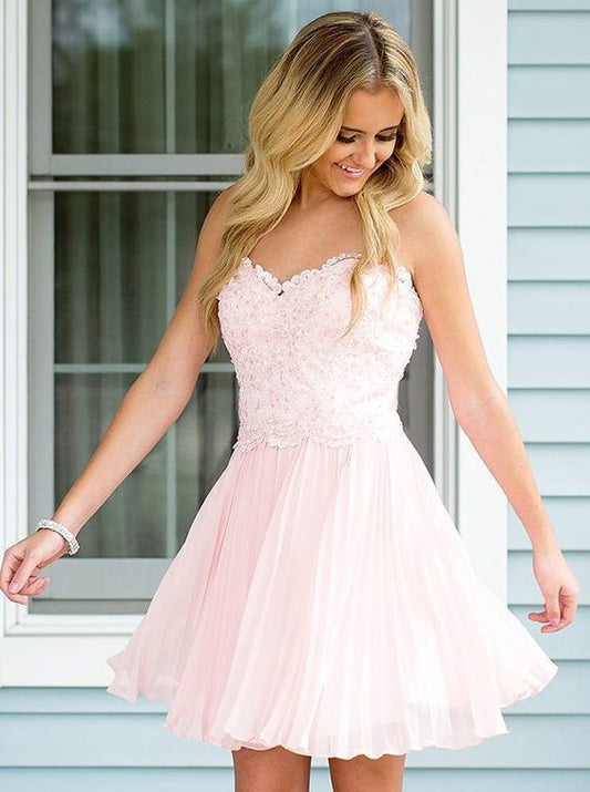 Chiffon Pink Jade Homecoming Dresses A Line Strapless Sweetheart Pleated Appliques Blushing Short