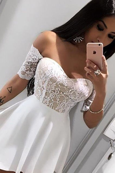 Jamie Lace Ivory Homecoming Dresses A Line Satin Off The Shoulder Half Sleeve Short