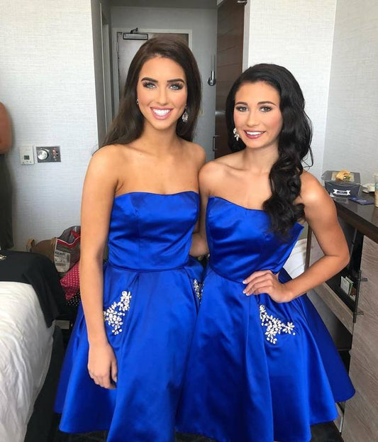 Homecoming Dresses A Line Royal Blue Satin Muriel Strapless Pleated Short Rhinestone