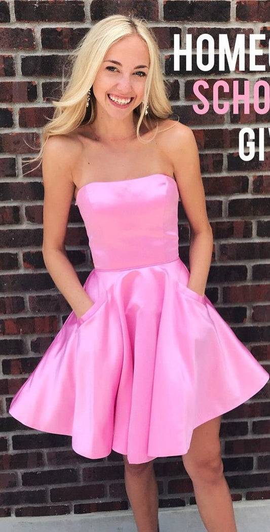 Strapless Straight Homecoming Dresses Cecelia A Line Pink Satin Sleeveless Pleated Short Pockets