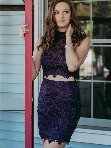 Halter Sheath Short Sleeveless Lace Two Pieces Cassidy Homecoming Dresses Flowers Purple