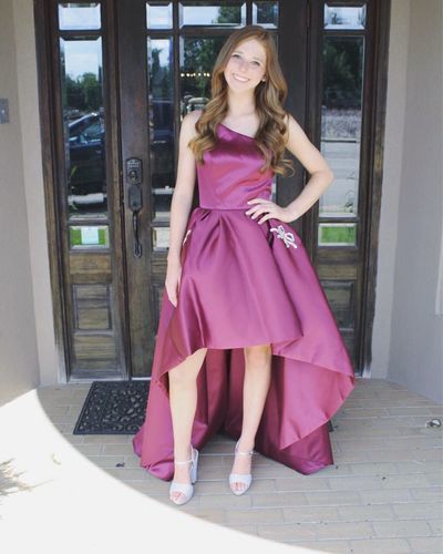 One Shoulder Sleeveless High Zaria Homecoming Dresses A Line Satin Low Floor Length Simple