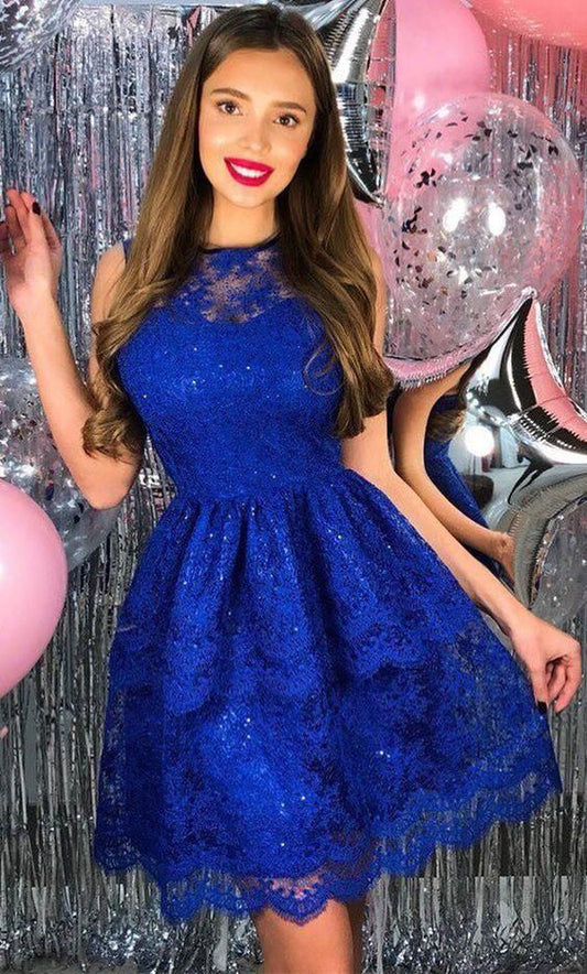 Jewel Sleeveless Pleated Elegant Sexy A Line Kelsey Homecoming Dresses Royal Blue Lace Short