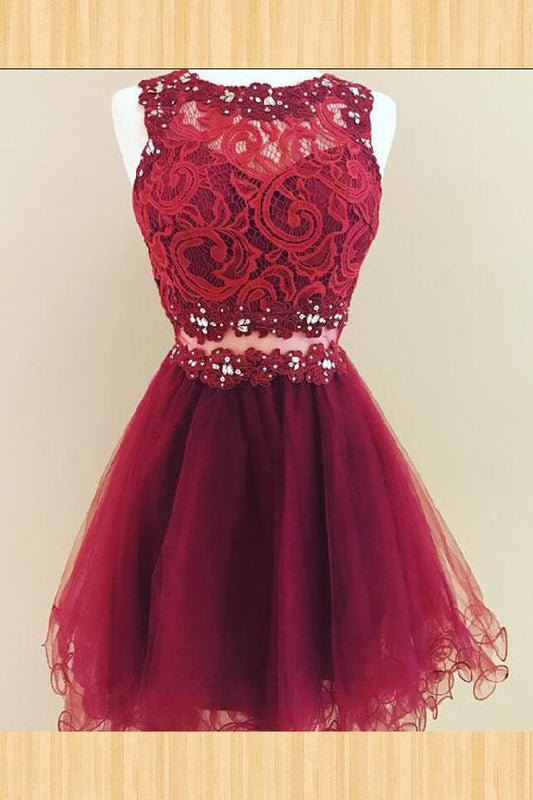Charlize Lace A Line Homecoming Dresses Short Sleeveless Jewel Flowers Organza Burgundy