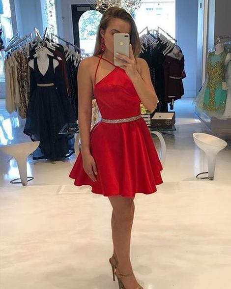 Satin Arianna A Line Homecoming Dresses Halter Spaghetti Straps Sexy Pleated Short Red Simple