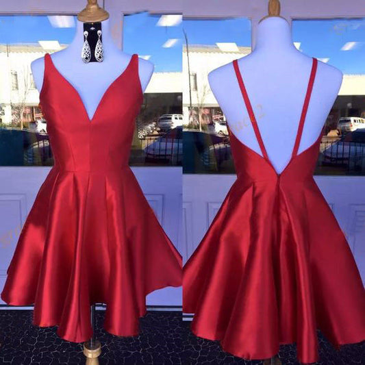 Deep V Neck Red A Line Aliyah Satin Homecoming Dresses Straps Backless Sleeveless Pleated