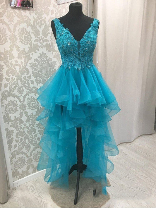 Blue V Neck Taniya Homecoming Dresses High Low Organza Pleated Appliques Backless Sleeveless