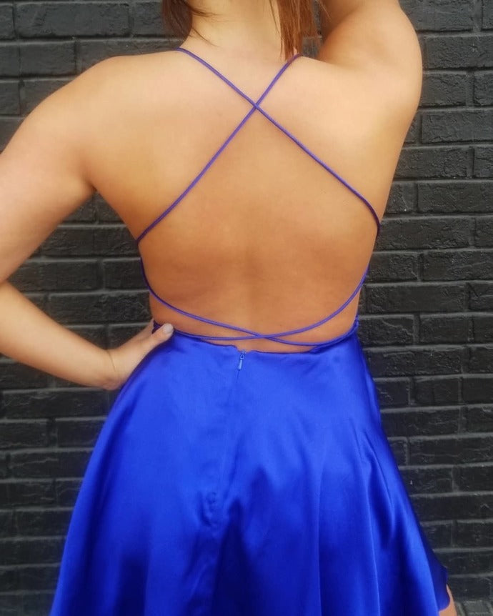 Halter Straps Backless A Line Una Satin Homecoming Dresses Short Pleated Criss Cross