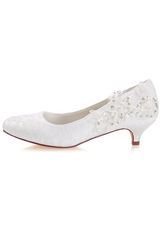White Lace Sequins Wedding Shoes Lower heel Evening SRS14501