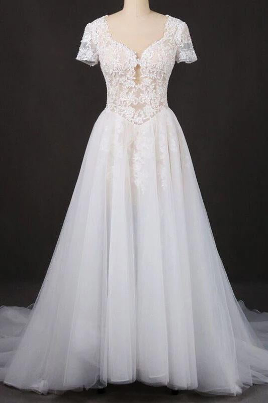 A-line Short Sleeves Beads V Neck Lace Applique Wedding Dresses, Bridal Dress SRS15051