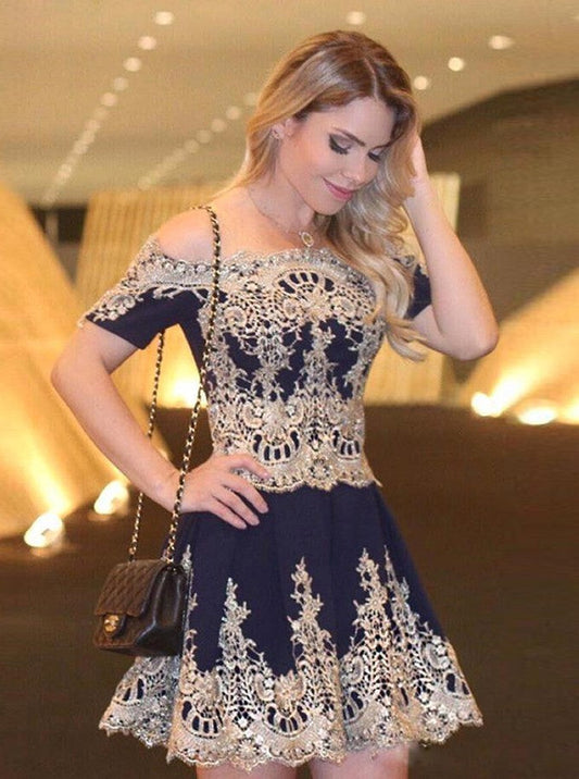 A-Line Bailey Homecoming Dresses Chiffon Off-The-Shoulder Short Sleeves Navy Blue 2024 With Appliques