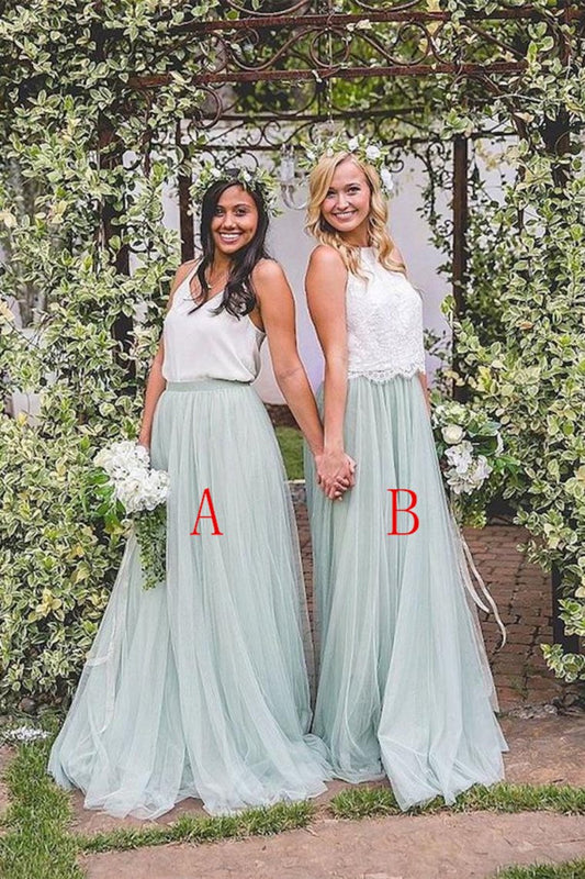 2 Pieces Ivroy And Mint Long A-Line Flowy Simple Cheap Elegant Bridesmaid Dresses