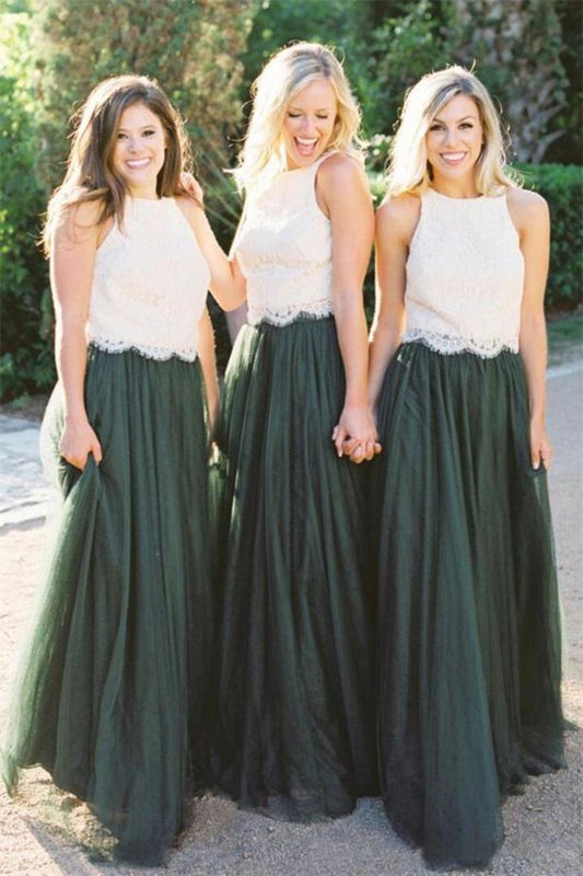 2 Pieces Ivory And Green Long Lace Tulle Beautiful Simple Bridesmaid Dresses