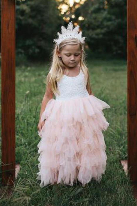 A Line Round Neck Tulle White Straps Flower Girl Dresses with Lace, Baby Dresses SRS15021