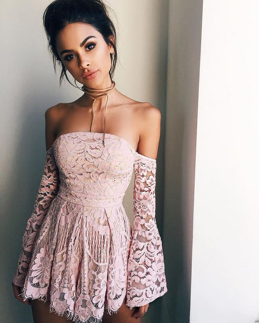 A-Line Off-The-Shoulder Long Sleeves Short Lace Homecoming Dresses Annabella Cocktail Blush 2024