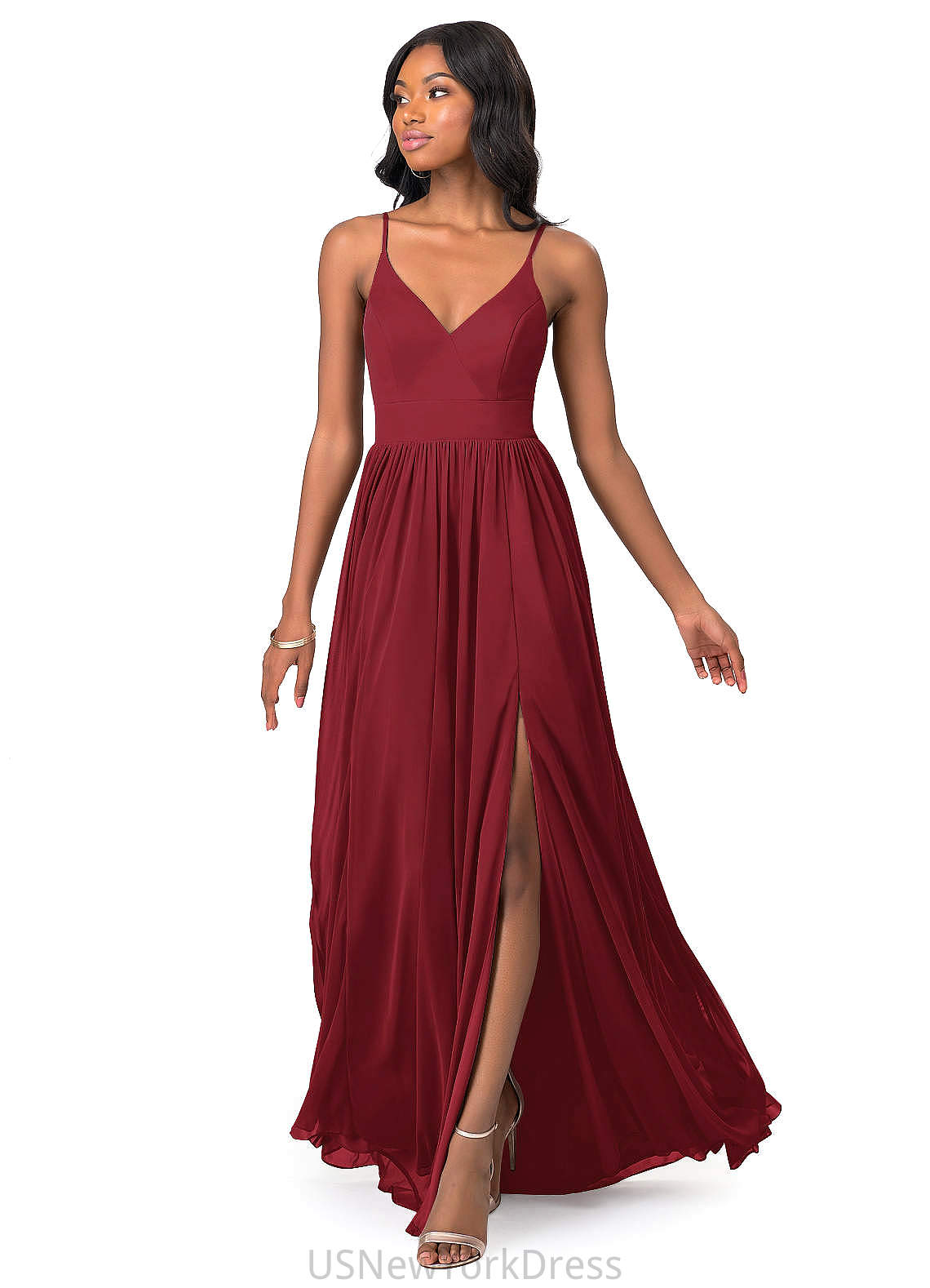 Jada A-Line/Princess Natural Waist Sleeveless Floor Length V-Neck Bridesmaid Dresses