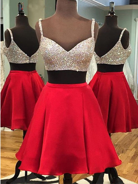 Jordan Homecoming Dresses Two Piece Spaghetti Straps Above-Knee Red With Sequins Beading