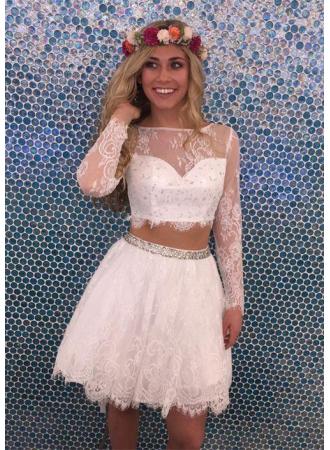Two Piece Bateau Long Sleeves Lace Homecoming Dresses Rylee White Tulle 2024 With Beading