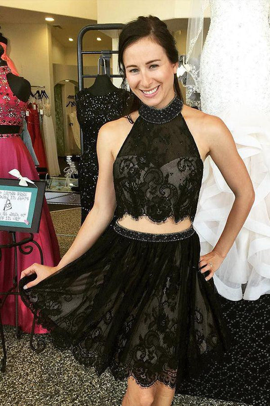 Two Piece High Neck Lace Ellen Homecoming Dresses Beading Black 2024