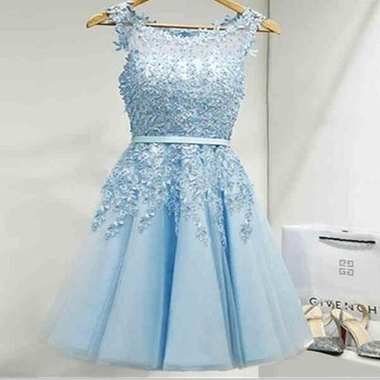 A-Line Jewel Light Blue Maia Chiffon Homecoming Dresses Short 2024 With Appliques Pleats
