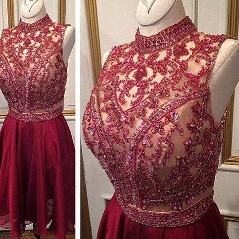 A-Line High Neck Burgundy Short 2024 With Chiffon Homecoming Dresses Amani Beading Sequins