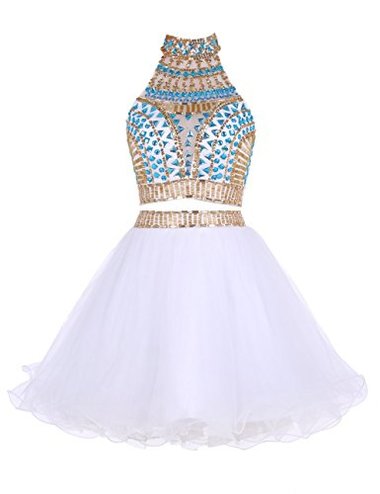 Two Piece Homecoming Dresses Rowan High Neck White Tulle Short 2024 With Beading Rhinestone
