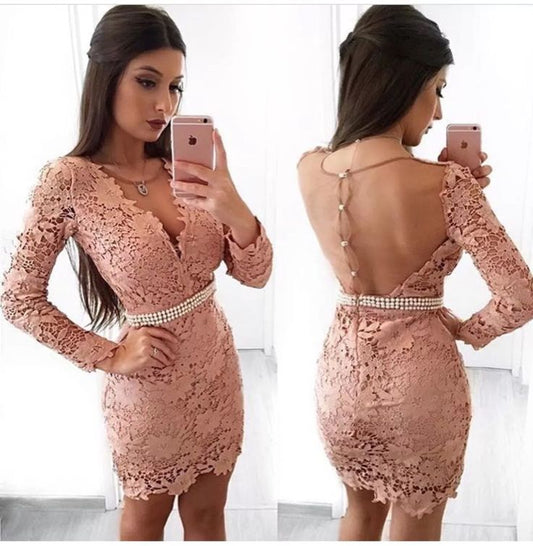 Homecoming Dresses Meg Lace Sheath V-Neck Long Sleeves Blush 2024 With Pearls