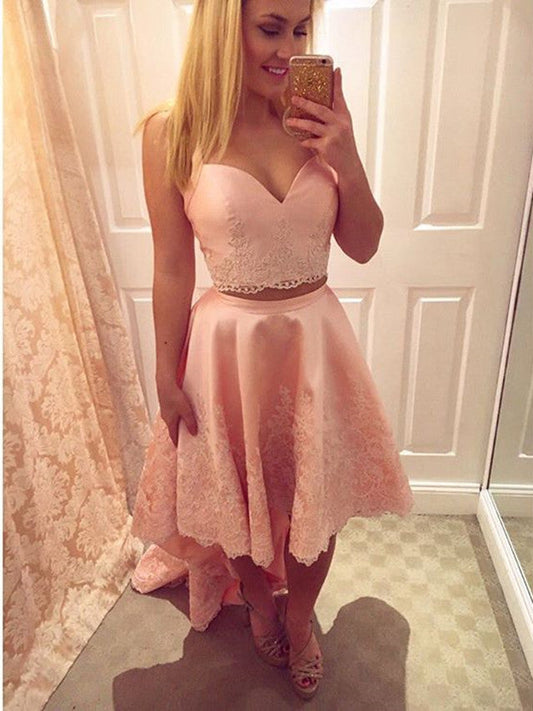 Pink Satin Lace Adalynn Homecoming Dresses Two Piece Straps High Low 2024 With