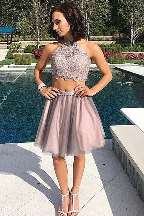 Two Piece Jewel Open Back Homecoming Dresses Vera Short Blush Tulle Dresses Prom