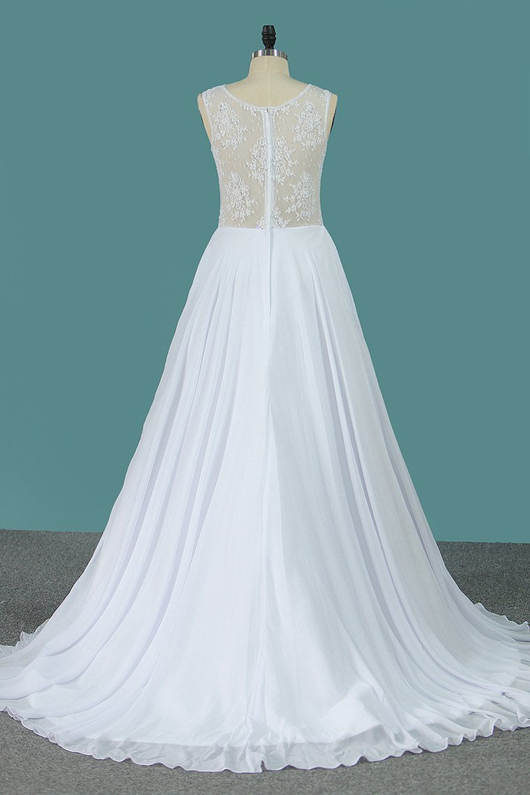 2024 A Line Scoop Chiffon Wedding Dresses With Applique Sweep Train