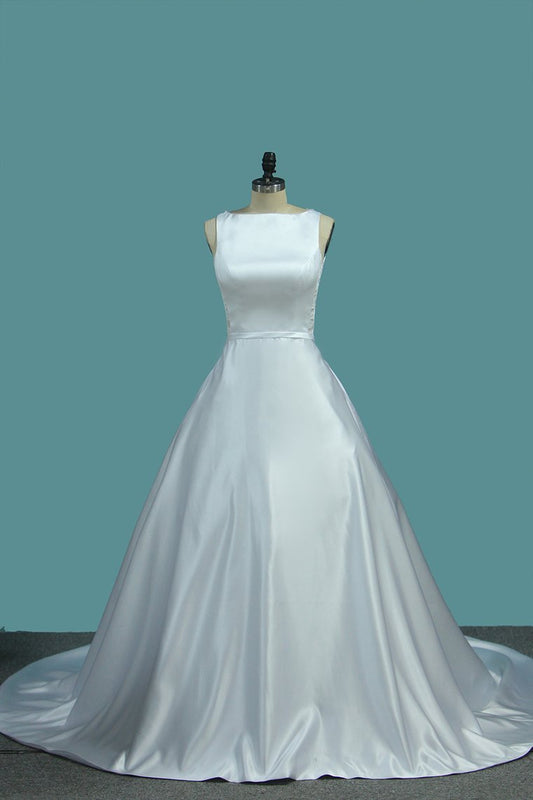 2024 A Line Scoop Satin Wedding Dresses With Pocket Court Train