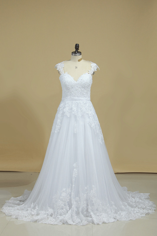 2024 A Line Off The Shoulder Tulle With Applique And Sash Wedding Dresses