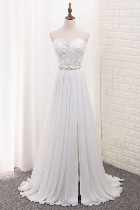 2024 A Line Chiffon Sweetheart Wedding Dresses With Applique And Slit