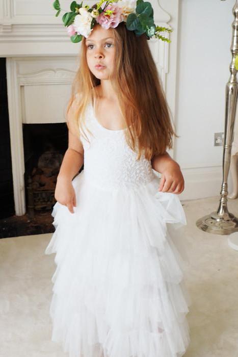 A Line Round Neck Tulle White Straps Flower Girl Dresses with Lace, Baby Dresses SRS15021